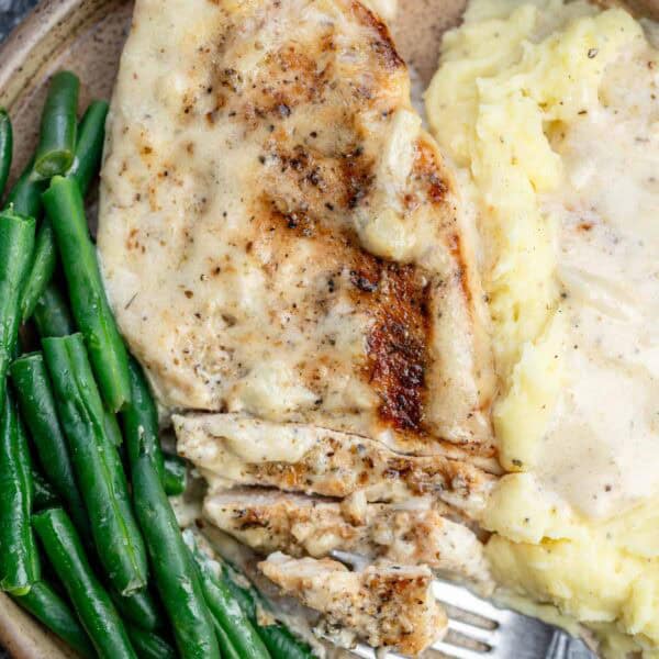 overhead shot of garlic chicken on a plate