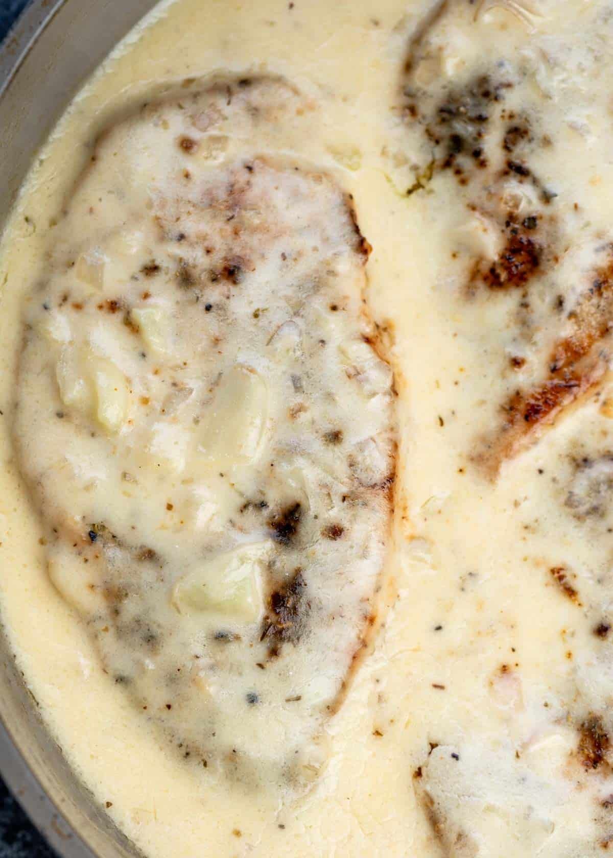 garlic chicken in sauce in a pan