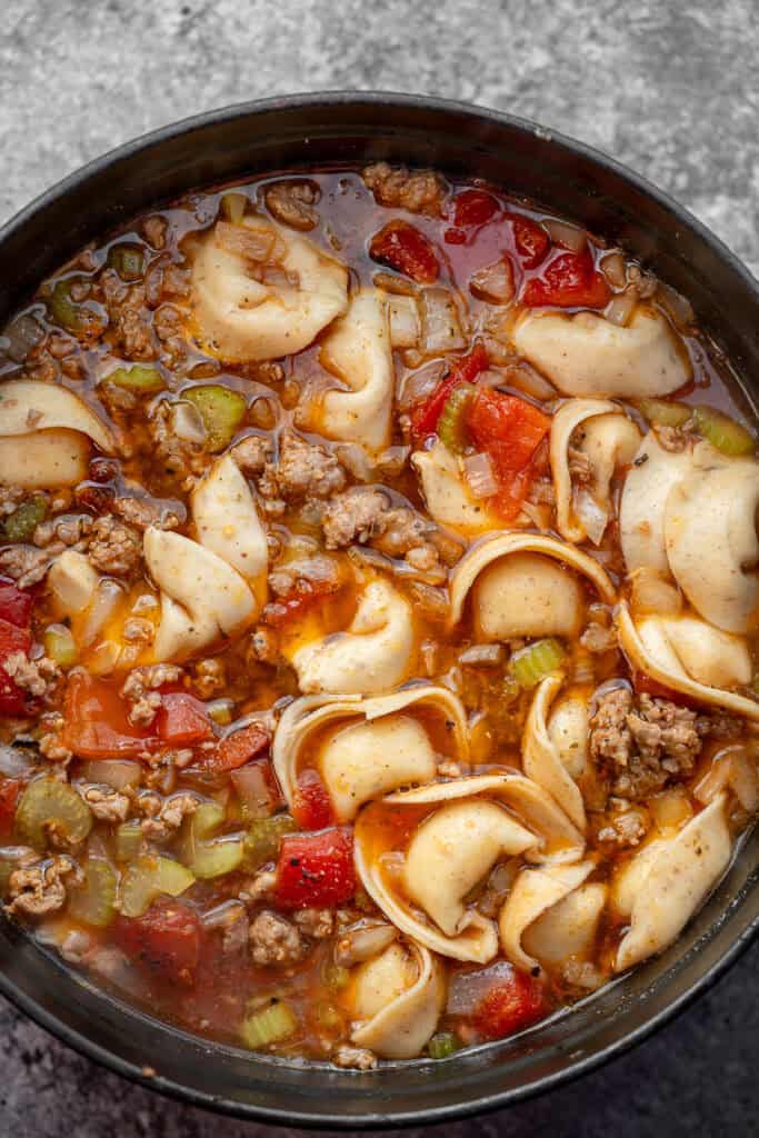 Italian sausage, vegetables, broth and tortellini in a pot