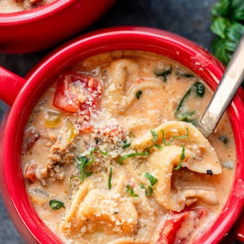 a red bowl of creamy tortellini soup with basil on top
