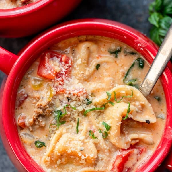 a red bowl of creamy tortellini soup with basil on top