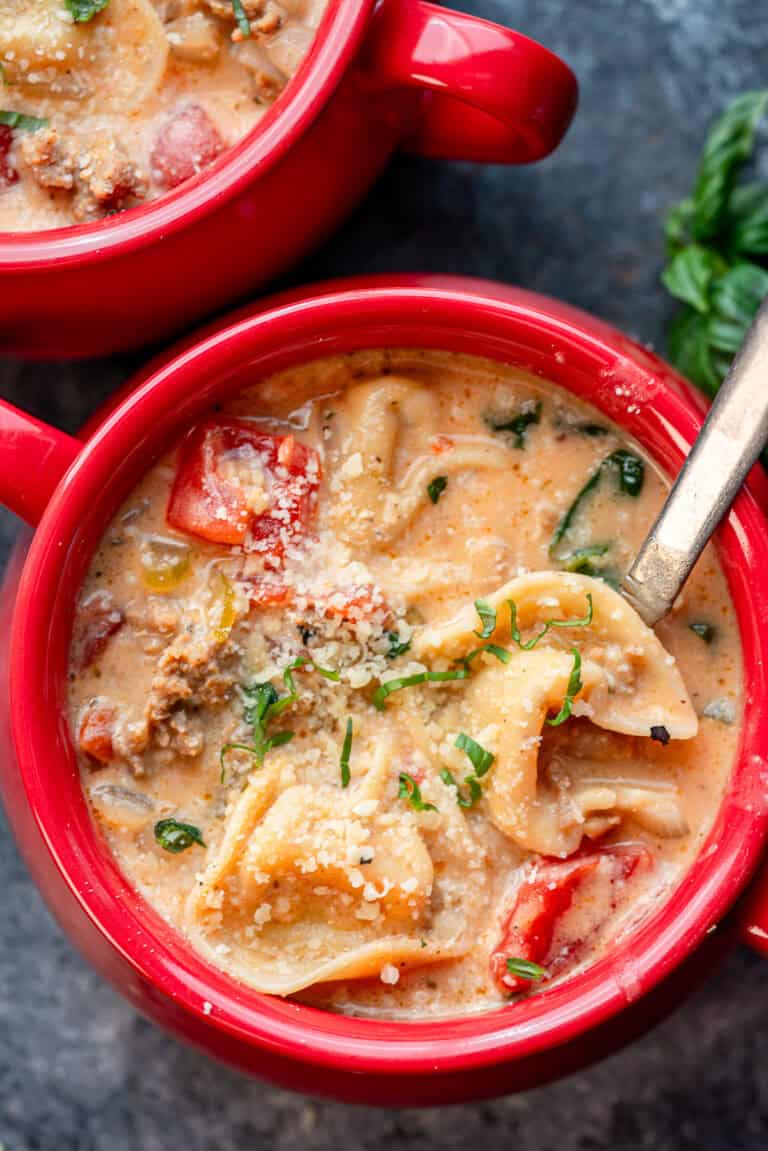 a red bowl of creamy tortellini soup with basil on top