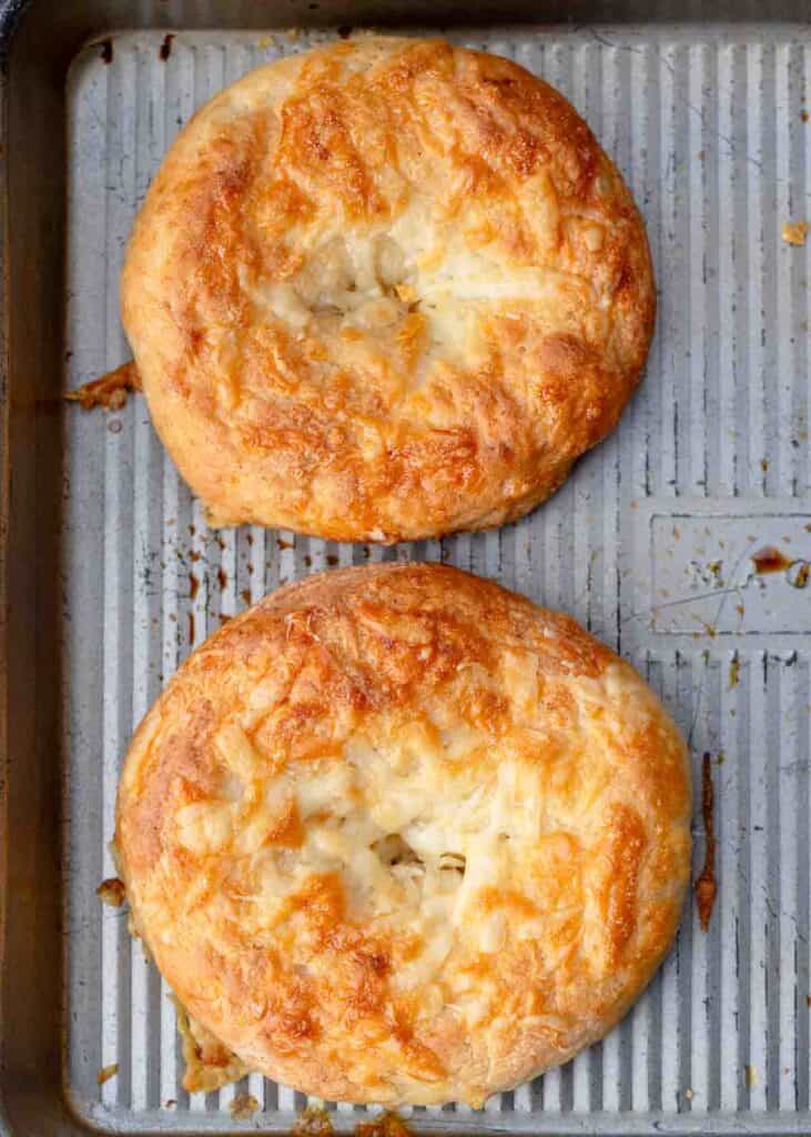 high protein cottage cheese bagel on a baking sheet