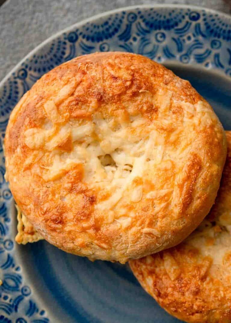 high protein bagel made with cottage cheese on a blue plate