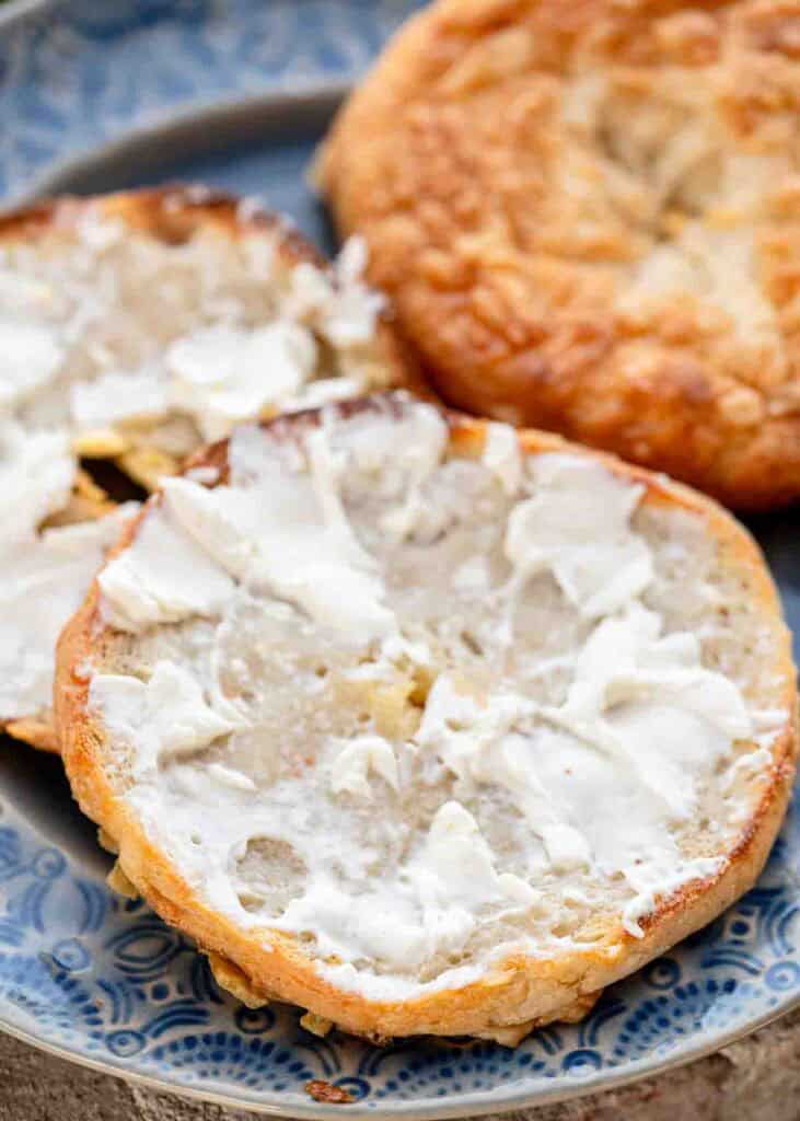 a toasted cottage cheese bagel with cream cheese