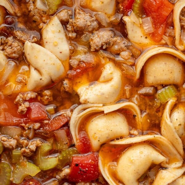 closeup of sausage tortellini soup