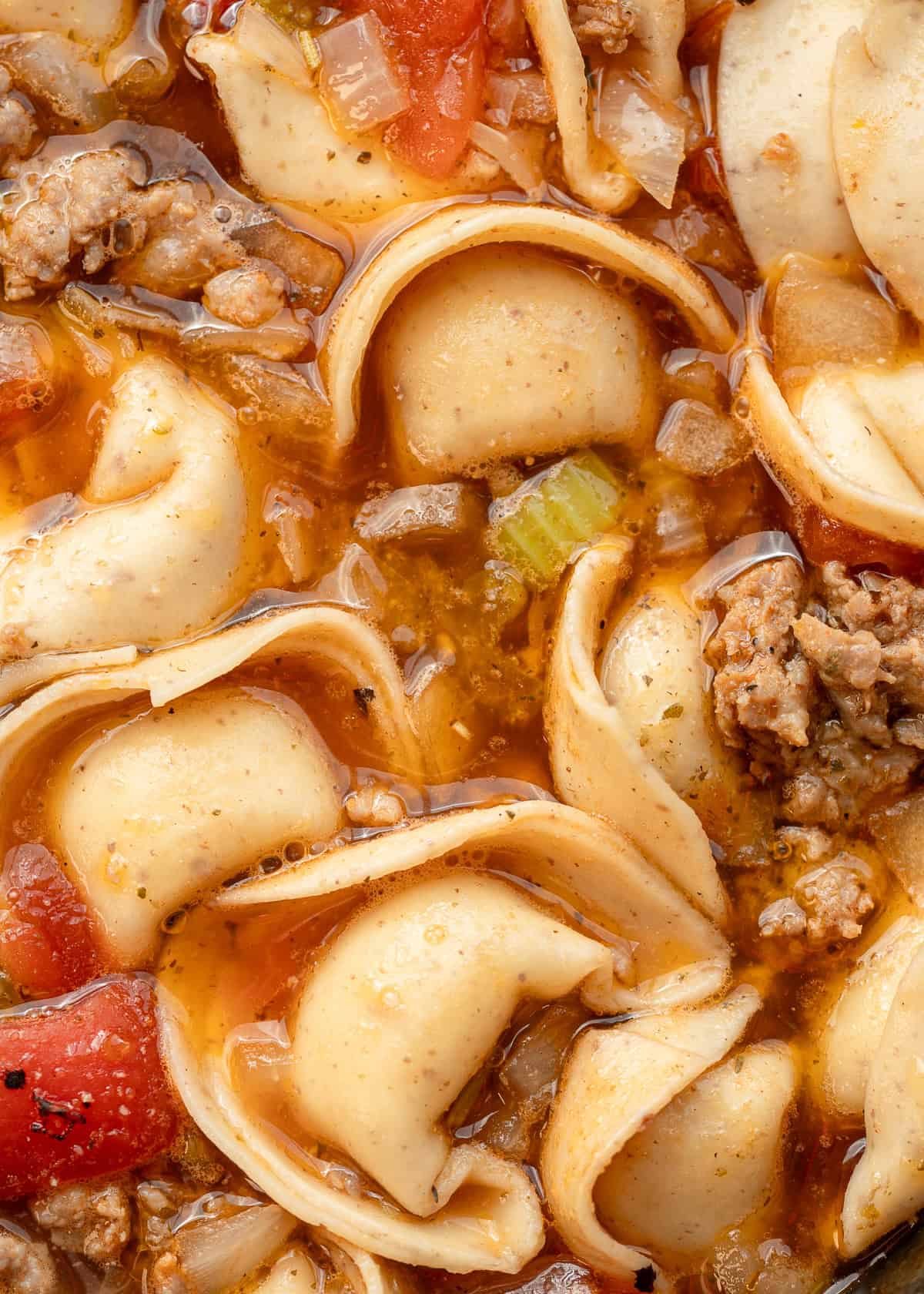 a very closeup shot of sausage and tortellini soup