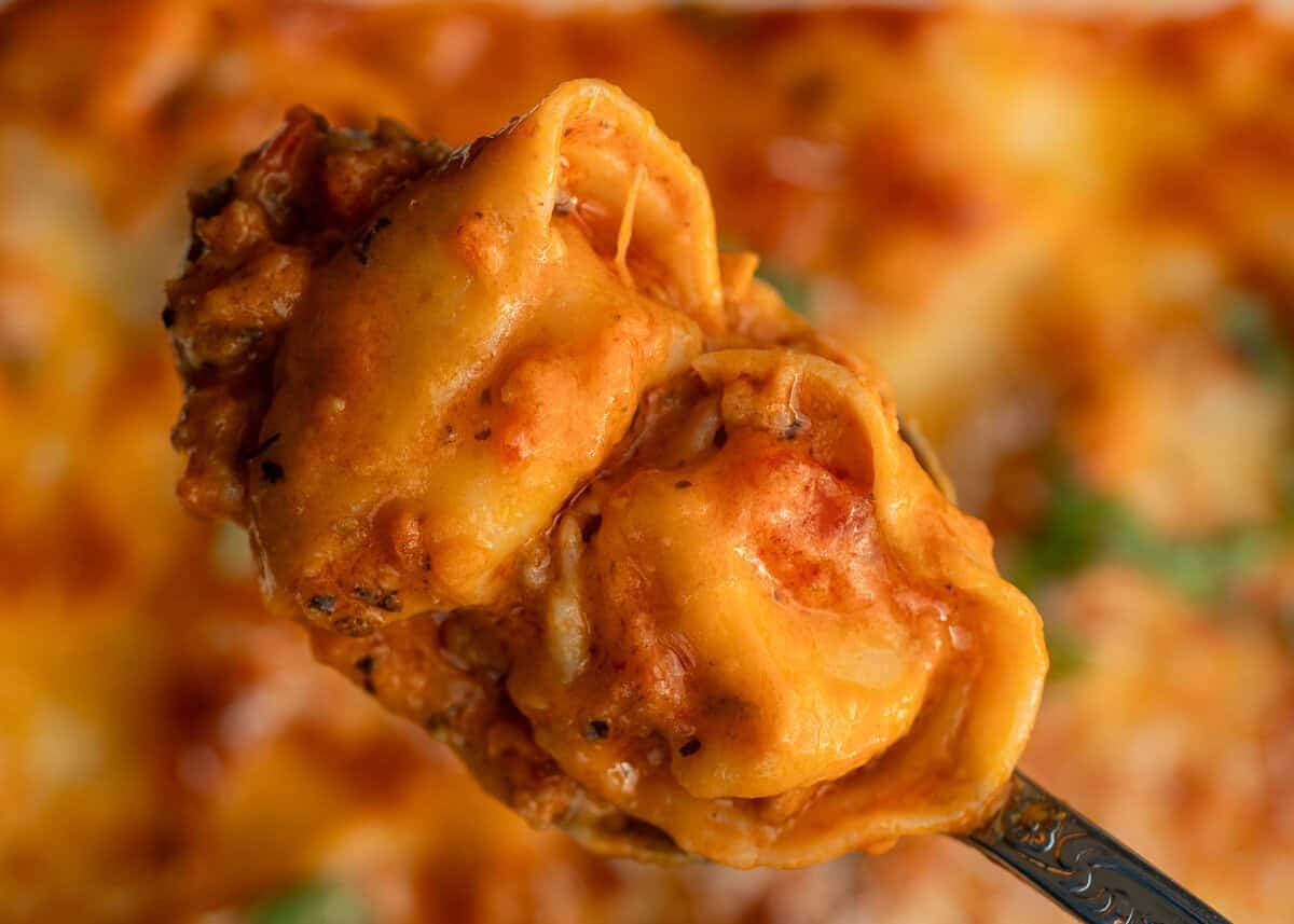 closeup of perfectly cooked baked tortellini