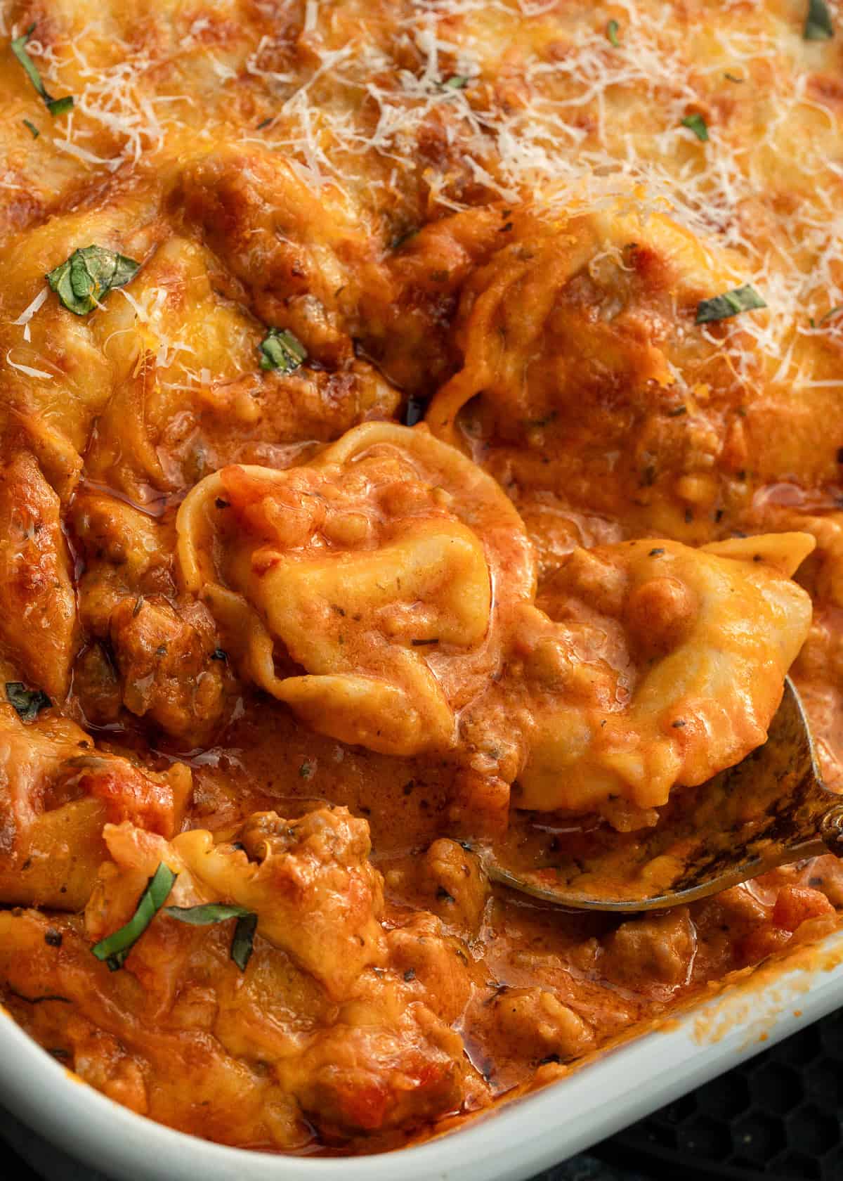 closeup showing perfectly cooked tortellini casserole