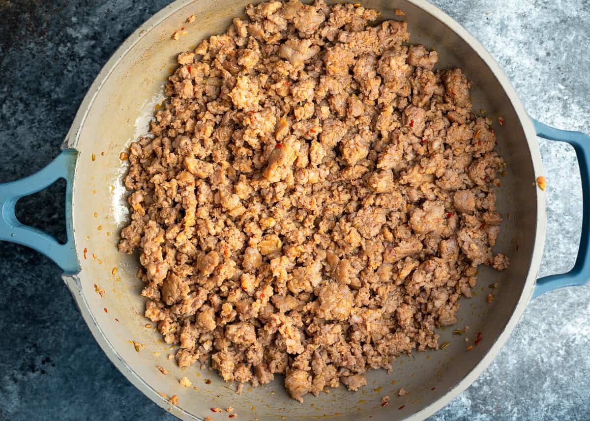 Italian sausage browned in a skillet