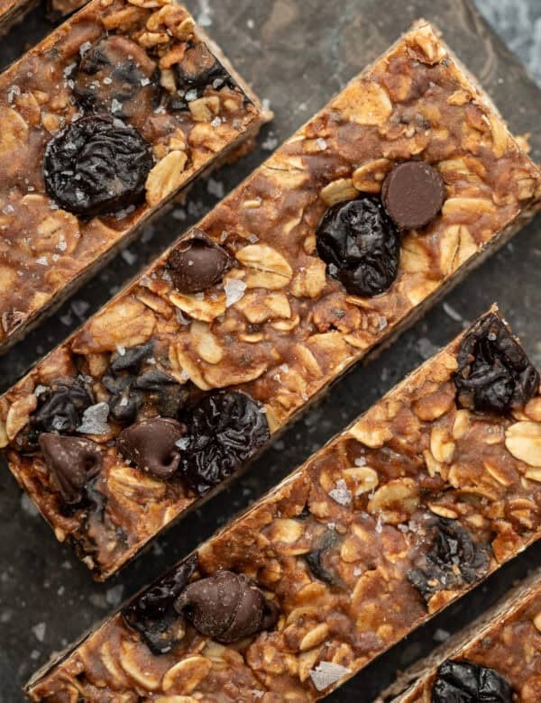 overhead image of 4 dark chocolate cherry granola bars