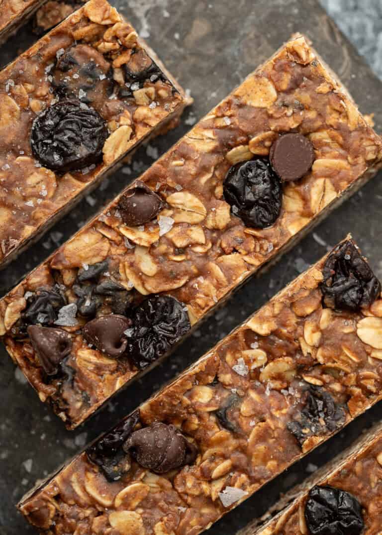 overhead image of 4 dark chocolate cherry granola bars