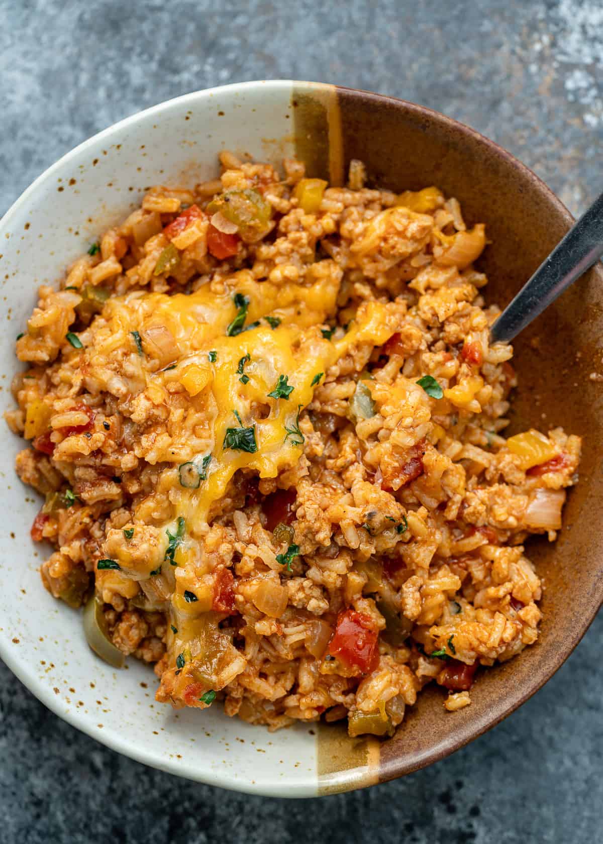 overhead shot showing a bowl full of stuffed pepper casserole