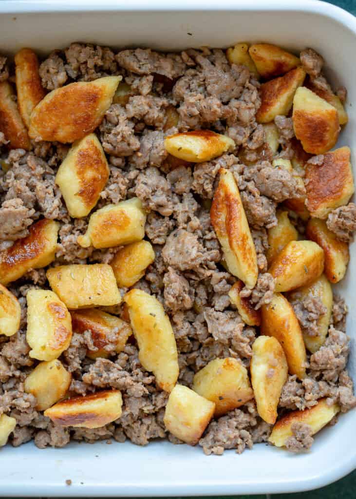 gnocchi and sausage in a casserole dish