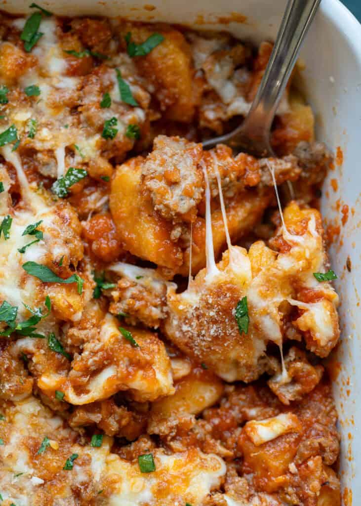 overhead shot of baked gnocchi