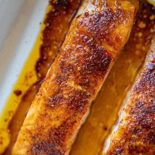 overhead shot of baked hot honey salmon