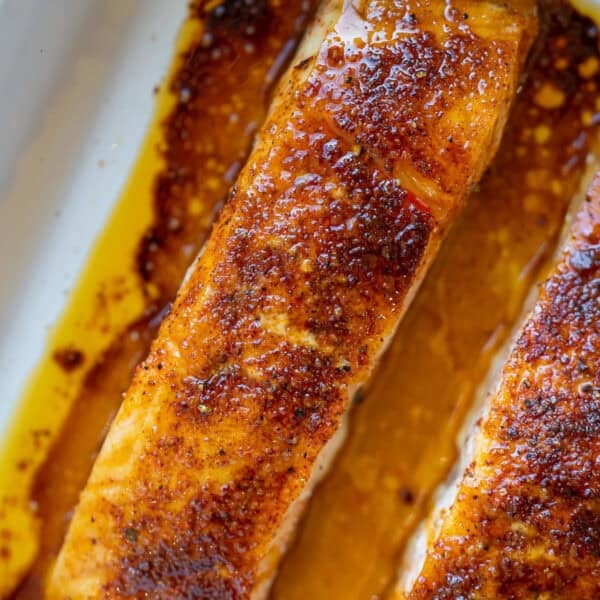 overhead shot of baked hot honey salmon