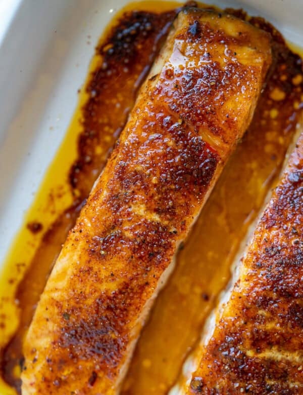 overhead shot of baked hot honey salmon