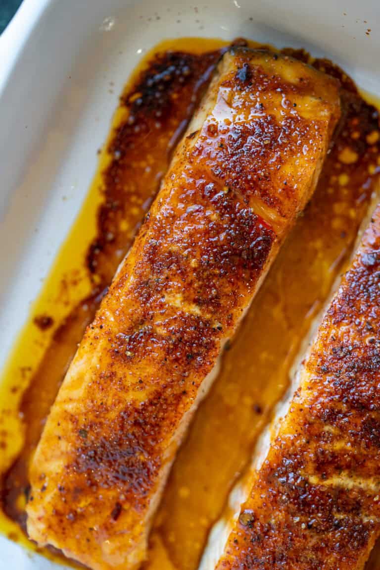 overhead shot of baked hot honey salmon