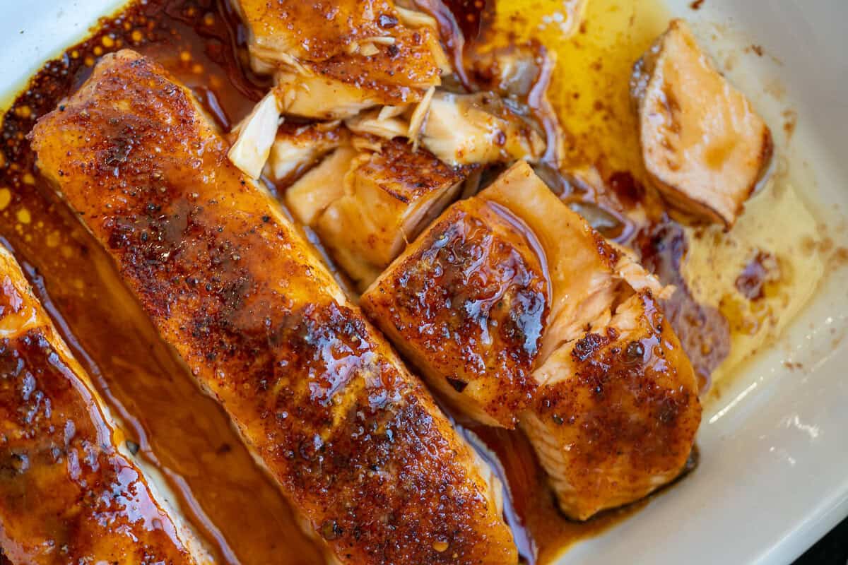 an overhead shot of glazed hot honey salmon