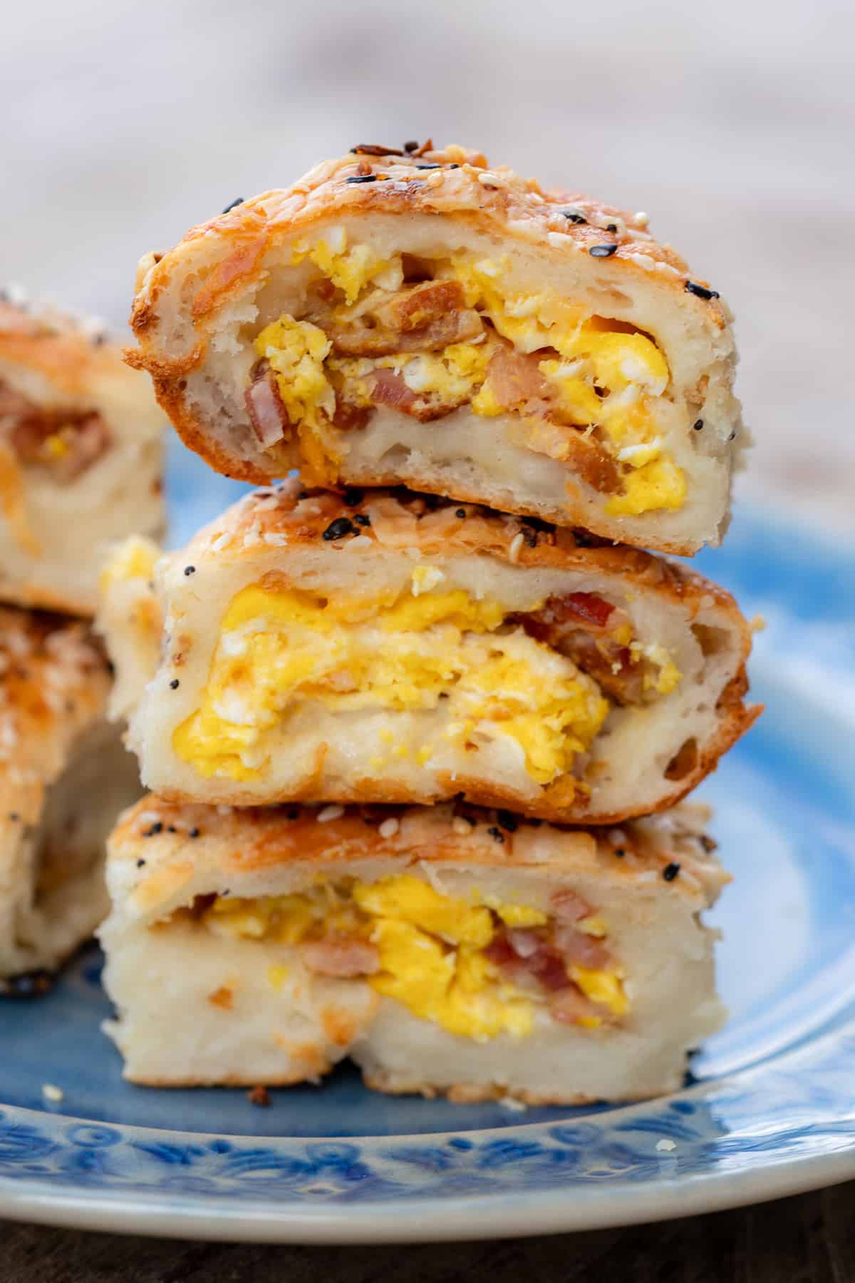 three high protein breakfast rolls stacked on top of one another