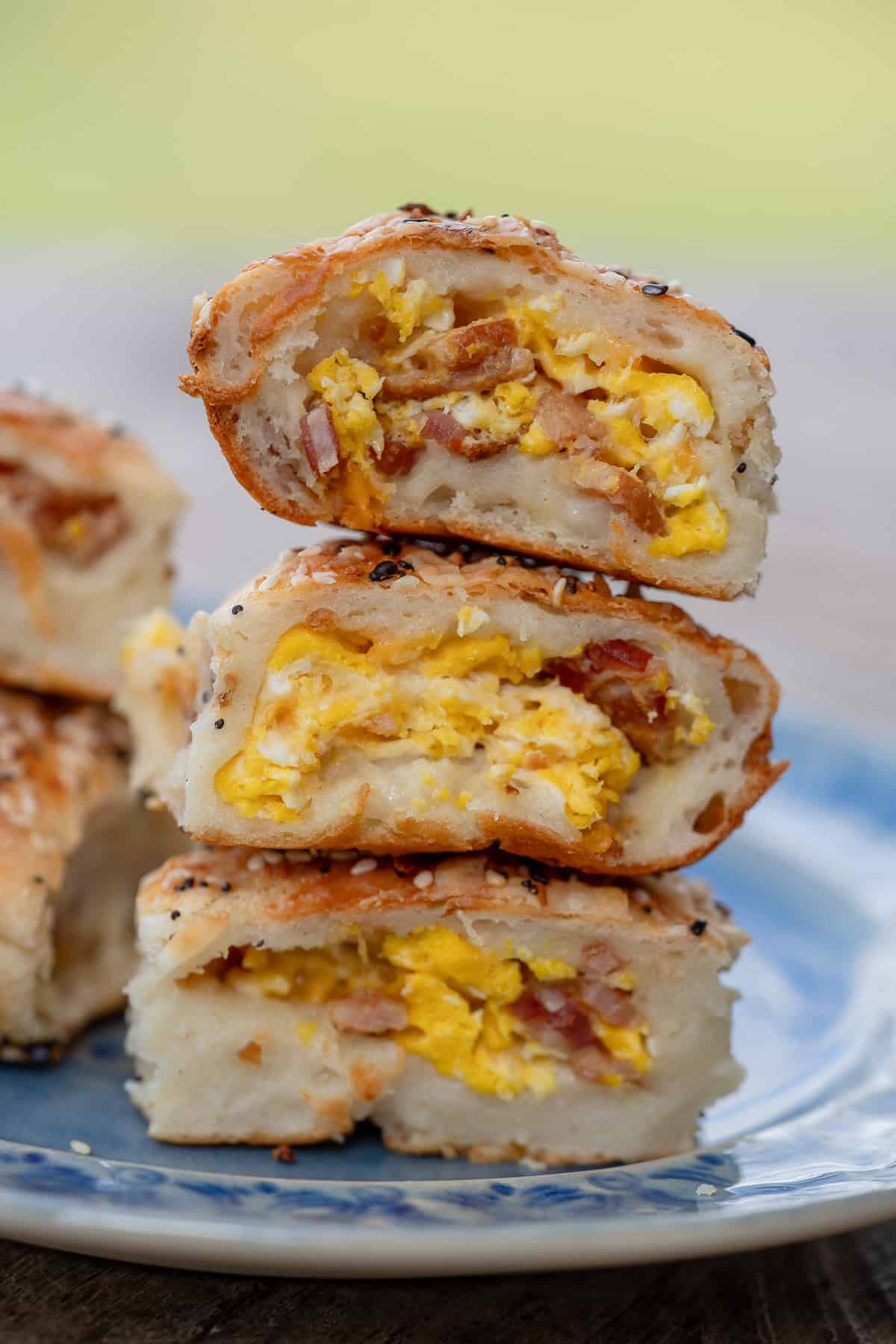a stack of high protein breakfast hot pockets on a blue plate