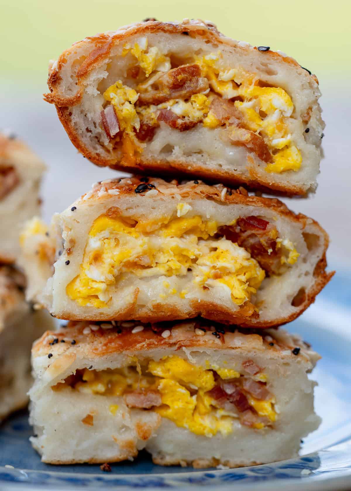 fluffy eggs, crispy bacon, and melty cheese stuffed inside high protein breakfast rolls