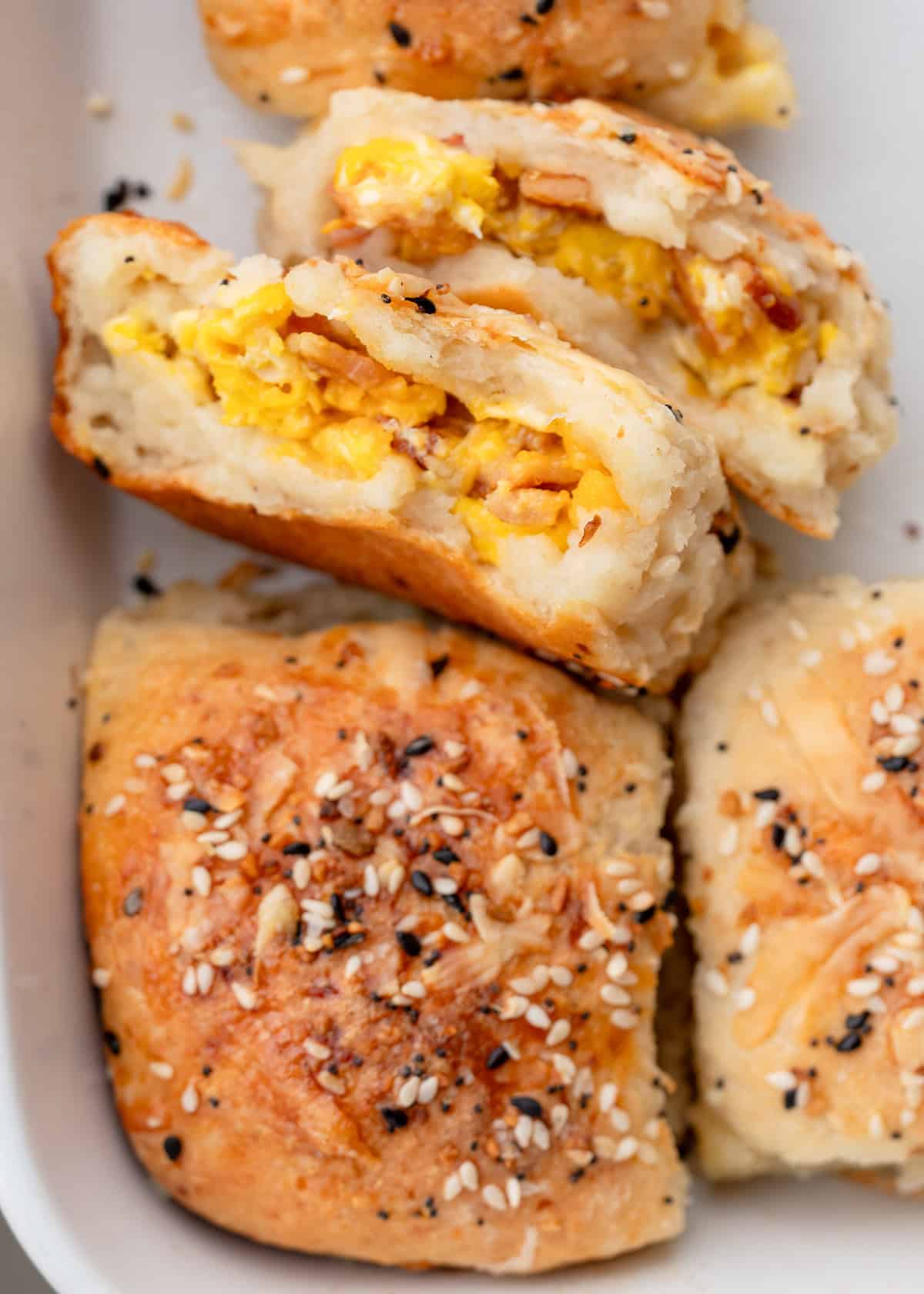 closeup showing the bacon egg and cheese inside high protein hot pockets