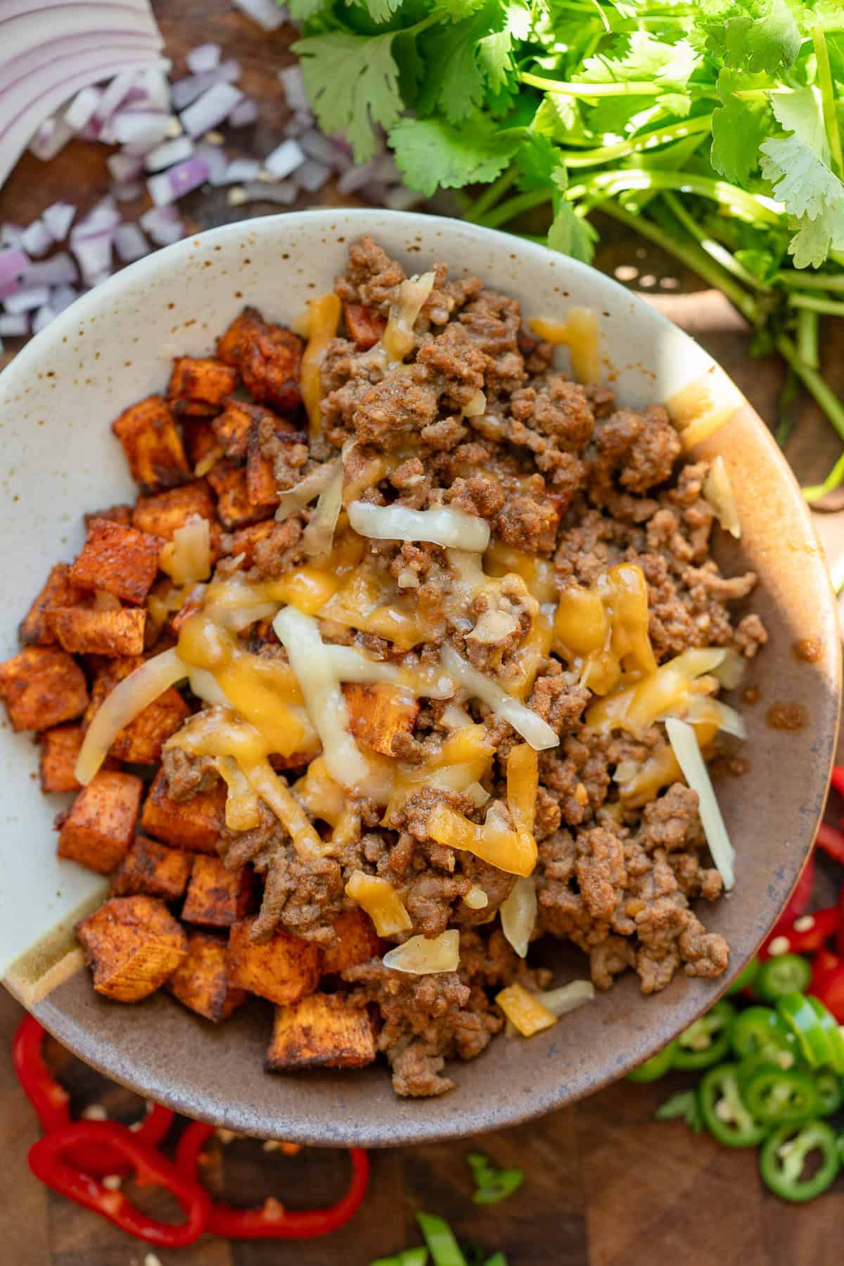 a closeup of air fryer sweet potato taco bowls