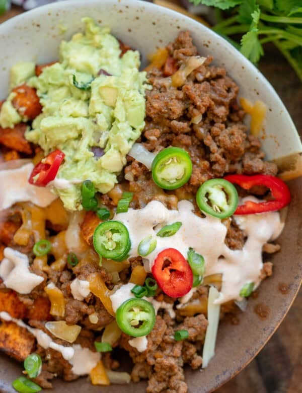 a closeup of a sweet potato taco bowl