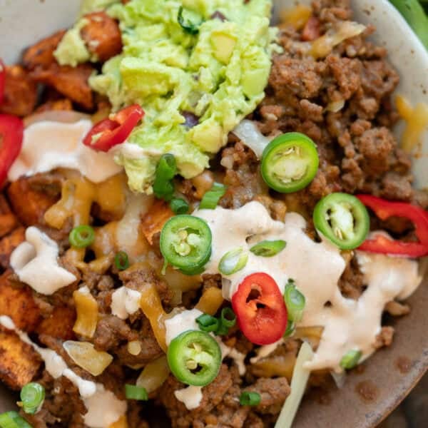 an overhead shot of sweet potato taco bowls