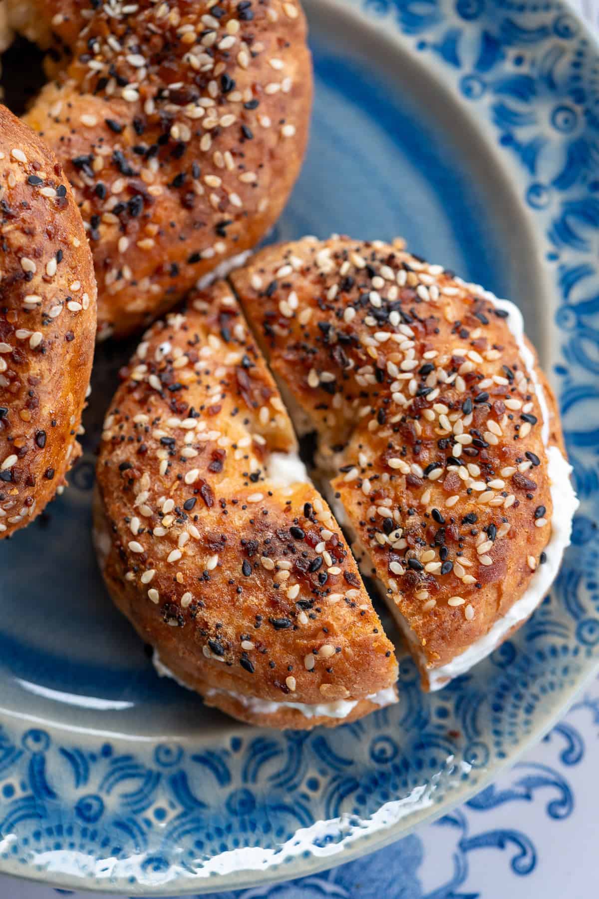 a closeup shot of a high protein everything bagel made with cottage cheese
