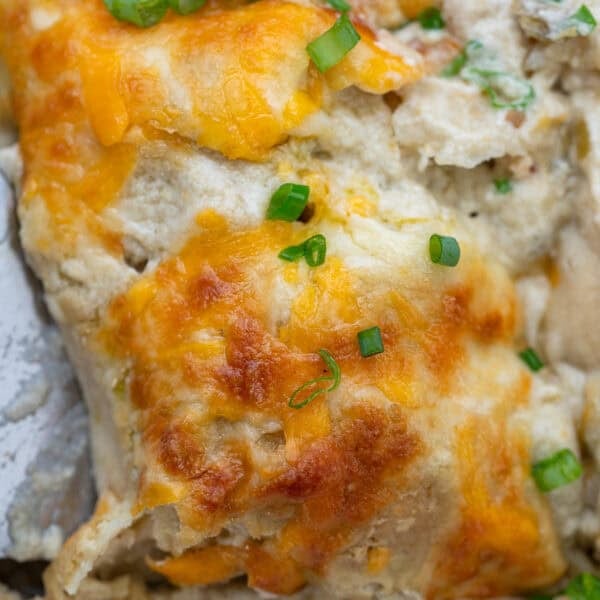 close up, overhead image of high protein chicken enchiladas in a white baking dish