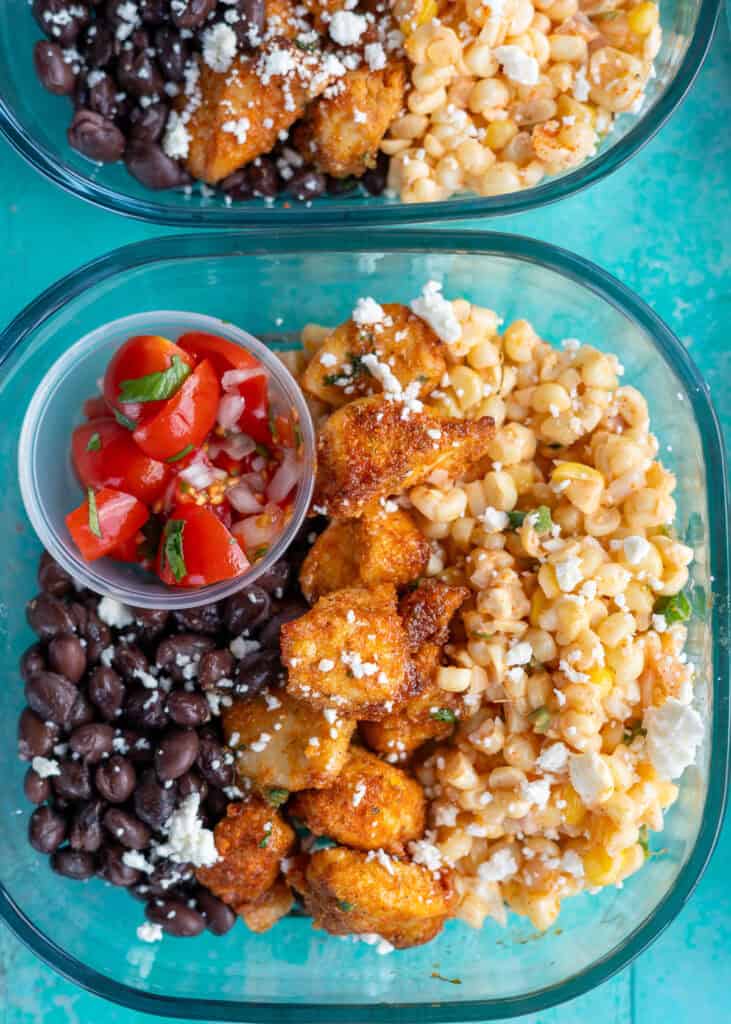 overhead shot of meal prep bowls