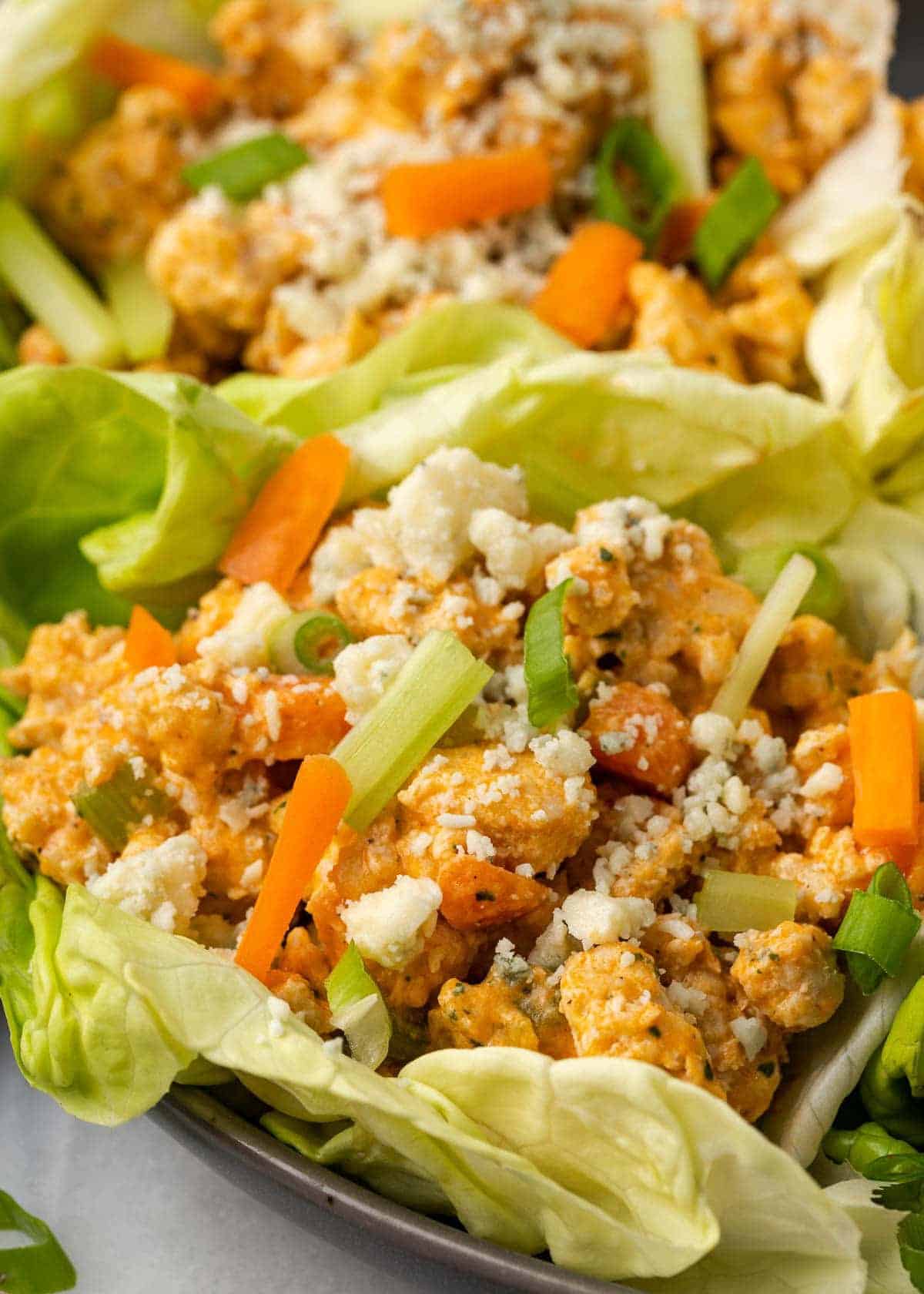 fresh lettuce wraps filled with buffalo ground chicken