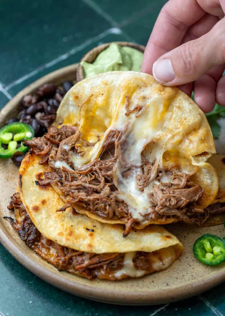 a closeup shot of a shredded beef tacos on a brown plate