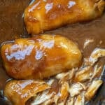 an overhead shot of slow cooker sweet chili chicken in a crockpot