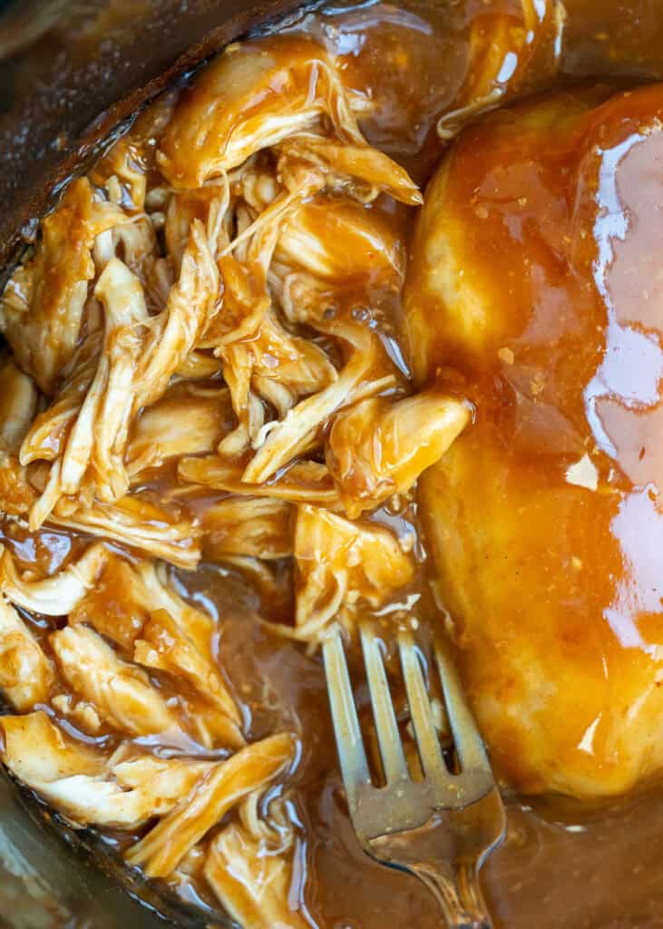 a closeup shot of sweet chili chicken slow cooker chicken
