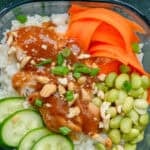 a closeup shot of chicken meal prep lunch bowls