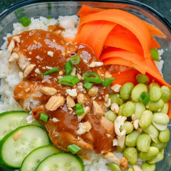 a closeup shot of chicken meal prep lunch bowls
