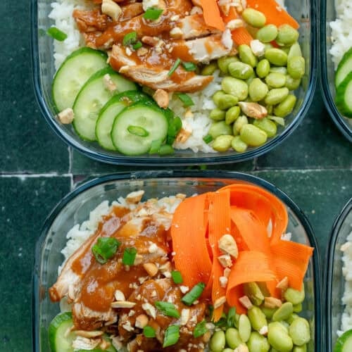 an overhead shot of sweet chili chicken lunch bowls