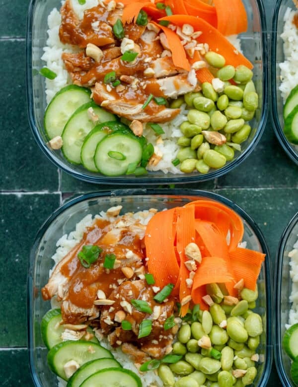 an overhead shot of sweet chili chicken lunch bowls