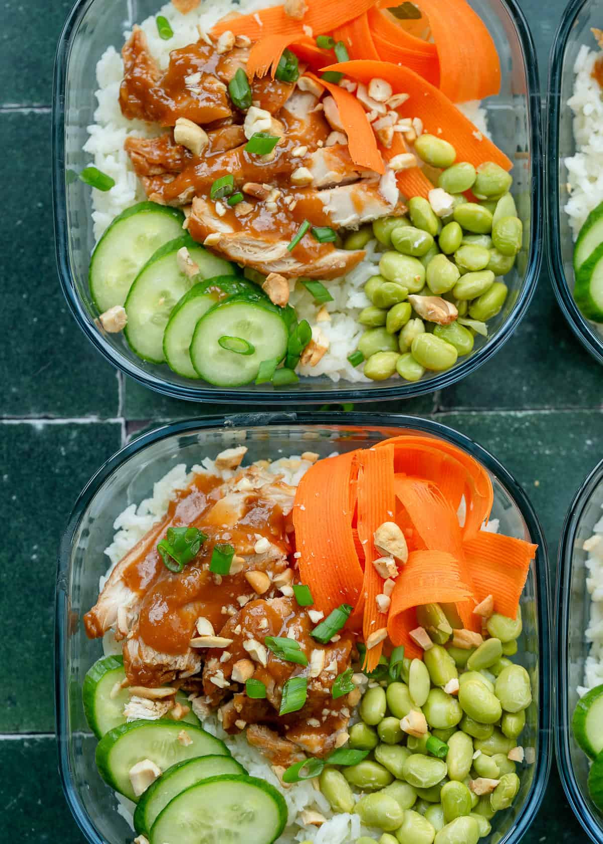 an overhead shot of sweet chili chicken lunch bowls