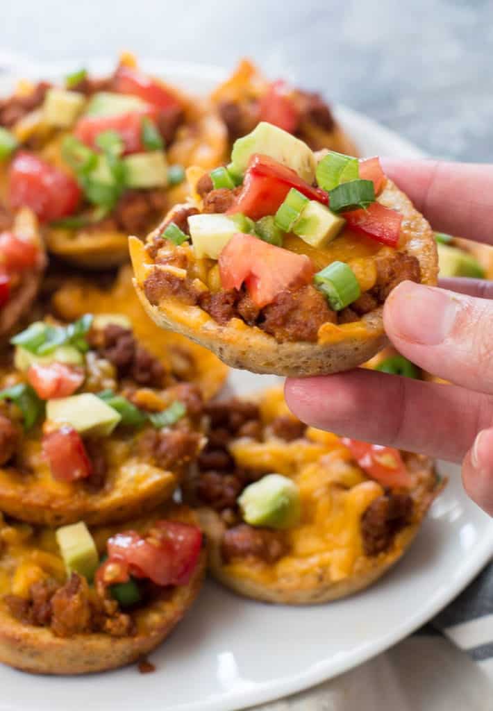 easy keto fathead dough cups filled with taco fillings for a low carb high protein lunch