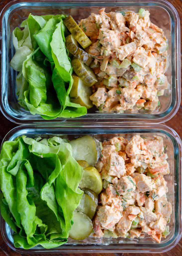 chicken salad in meal prep bowl