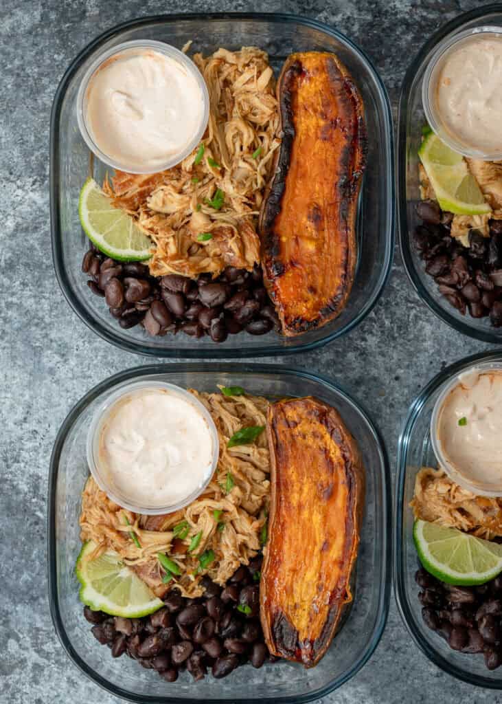 close, overhead image of two honey chipotle chicken bowls