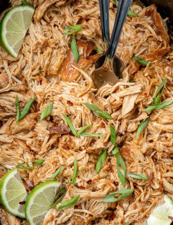 an overhead image of honey chipotle chicken shredded in a slow cooker